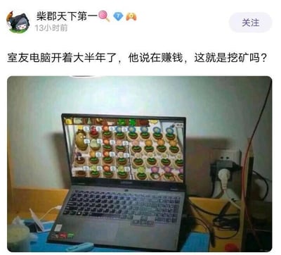 这是一张社交媒体动态截图，发布者用户名是“柴郡天下第一”，配文表示自己的室友电脑连续开了大半年，室友称是在赚钱，发布者疑惑这是不是所谓的“挖矿”。下方配图展示了室友的笔记本电脑，屏幕中显示的是经典塔防游戏《植物大战僵尸》的无尽模式界面，画面里布满了各类防御植物，显然室友是在刷游戏内的资源或关卡来获取游戏里的“收益”，并非虚拟货币挖矿。这个内容用现实中“挖矿”的概念和游戏内“赚钱”形成反差，制造出搞笑的效果，属于生活中的趣味趣事分享。