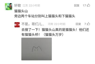 这是一张国内社交媒体评论区的截图，展示了两位网友的趣味互动：来自江苏的网友“轩歌”分享了名为猫猫头山的地名，以及旁边的上猫猫头、下猫猫头车站；来自河南的网友“不是，哥们儿...”在搜索验证后，证实了猫猫头山的存在，还提到了猫猫头桥，并配上了一幅手绘的猫猫头简笔画，表达对这个可爱地名的喜爱，整个互动充满了轻松欢乐的氛围，展现了小众趣味地名带来的趣味性。