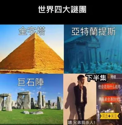 这是一张多图拼接的搞笑梗图，标题为「世界四大謎團」，前三张依次展示了埃及金字塔、传说中的亚特兰蒂斯、英国巨石阵这三个知名的世界未解谜团相关内容，第四张则是一名男子靠墙打电话的真人画面，配文「喂兄弟我杀人了！」，同时附带「下半集 待续……」「他会走向什么结局」「两兄弟会遇到什么」以及「双击+关注」的引导文字。图中用严肃的未解谜团和荒诞的生活化紧急事件形成强烈反差，制造出戏谑搞笑的效果，模仿短视频的叙事方式吸引用户关注。