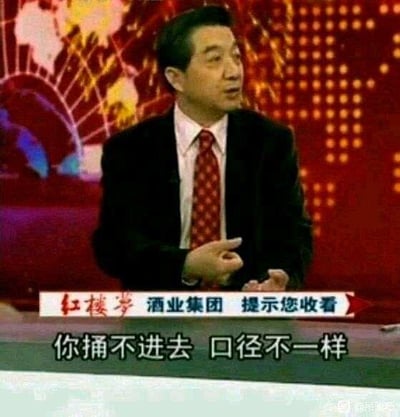 这是一张对军事评论员张召忠的电视节目截图进行二次创作的搞笑梗图。图中张召忠身着西装领带，坐在带有世界地图元素的节目演播室背景前，手部做出讲解的手势，神情严肃。画面上方有“红楼梦酒业集团 提示您收看”的节目提示文字，下方的字幕被修改为“你捅不进去 口径不一样”。这里利用了军事领域中“口径”指武器弹药规格的专业术语，制造了低俗双关梗，通过严肃的军事评论场景和低俗暗示内容的强烈反差，达到戏谑搞笑的效果。