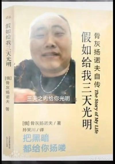 这是一张网友二次创作的搞笑恶搞梗图，以经典励志书籍《假如给我三天光明》的封面为模板进行修改：将作者名改为谐音梗的「骨灰扬诺夫」，译者改为网络知名梗人物「孙笑川」；封面插入了一张表情戏谑的真人表情包，配文「三天之内给你光明」，底部还有「把黑暗都给你扬喽」的文字。图中玩了多重谐音和梗的结合：「扬」既对应原书的「宣扬光明」，又结合了「扬骨灰」的网络梗，将原本励志的书籍内容恶搞成带有戏谑威胁感的内容，通过强烈的反差感制造搞笑效果。