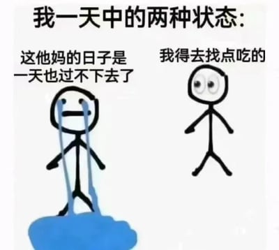 这是一张左右对比风格的火柴人梗图，通过两个截然不同状态的火柴人形象，幽默地展现了人们一天中常见的情绪波动。左侧火柴人泪流满面，脚下有一滩水，配文'这他妈的日子是一天也过不下去了'，表达了极度的沮丧和绝望；右侧火柴人眼睛瞪得很大，表情警觉而兴奋，配文'我得去找点吃的'，展现了突然被食欲驱动的积极状态。这种强烈的反差形成了鲜明的喜剧效果，反映了日常生活中情绪快速转变的真实体验。