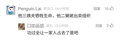 这是一张社交媒体评论区的静态横版截图，展示了两条网友的互动评论。第一条评论来自黑龙江的用户“Penguin.Lai”，发布于16小时前，内容为“他三姨夫牺牲生命，他二舅姥出卖组织”，该评论获得了10个点赞；第二条评论是来自湖北的用户“口咖品器”在13小时前的回复，内容为“功过全让一家人占去了是吧”，获得2个点赞。两条评论以戏谑的语气，调侃某一家人中同时出现了做出牺牲的有功之人和背叛的有过之人，将功过两极的情况都集中在一家人身上，充满了趣味化的吐槽意味。截图中还显示了两位用户的头像，分别是卡通企鹅形象和吉他图片。