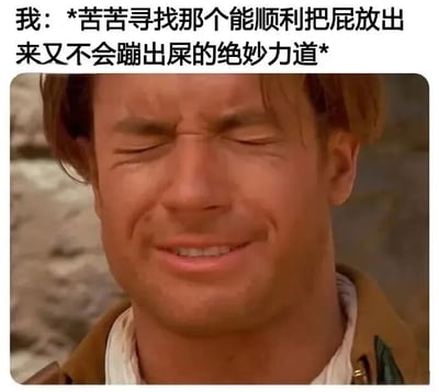 图片上方配有文字“我：*苦苦寻找那个能顺利把屁放出来又不会蹦出屎的绝妙力道*”，下方是一张电影剧照截图，图中男性人物双眼紧闭，眉头紧锁，嘴角微咧，表情呈现出努力且略带痛苦的挣扎感。整体通过幽默的文字与人物夸张的表情结合，调侃日常生活中试图控制放屁力道的尴尬又真实的场景，引发共鸣。