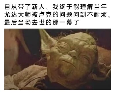 这是一张图文混排的职场吐槽类搞笑图，上方是创作者的中文吐槽文字，内容为分享自身带新人的职场经历，称终于能够共情《星球大战》中尤达大师被卢克的问题问到不耐烦、最终离世的场景，用夸张的方式抒发带新人时被层出不穷的问题烦到崩溃的无奈情绪；下方是《星球大战》里尤达大师临终时的影视截图，图中的尤达大师双眼紧闭、平躺著，神态疲惫不堪，与配文里“被烦到去世”的吐槽完美呼应，借助经典影视场景的共鸣感，让同样有带新人经历的职场人士能够感同身受，用幽默的方式消解职场压力。