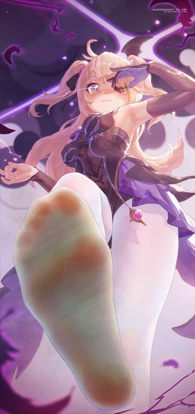 这是一张《原神》角色菲谢尔的暗黑风格同人插画，画面中的菲谢尔身着带有蝙蝠元素的黑紫配色紧身战斗服，白色裤袜的脚掌朝向镜头，一只手抬起遮住单眼，另一只手做出施法手势，背景是带有紫色电光与蝙蝠剪影的暗色调场景，整体风格华丽，带着高傲又魅惑的压迫感。