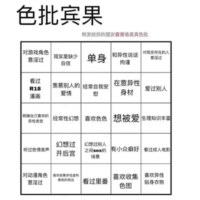 这是一款改编自经典宾果游戏的趣味互动测试图，以5×5的九宫格形式呈现，名为“色批宾果”。图中列出了25条和个人性幻想、情感状态、社交表现相关的描述，例如“对游戏角色意淫过”“看过R18漫画”“单身”等，玩法是勾选符合自身情况的选项，连成线即达成“宾果”。图上方配文“转发给你的朋友看看谁是真色批”，用调侃玩梗的方式，引导用户和好友进行趣味互动，内容聚焦于私密的个人情感与性相关的小细节，风格轻松搞笑，适合在社交平台和好友开玩笑、做趣味测试。