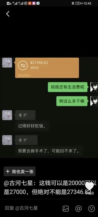这是一张聊天记录截图，显示妈妈向子女转账27346.82元。子女先是疑惑地发消息“妈我还有生活费呢”“转这么多干嘛”，随后收到两条妈妈的语音消息转文字：“记得好好吃饭。”和“我要去做手术了，可能回不来了。”截图下方附有网友“古河七星”的评论，指出转账金额27346.82元并非整数，暗示这是妈妈精确计算后留给子女的剩余生活费，充满令人心酸的细节。