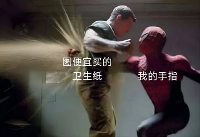 这张梗图使用蜘蛛侠电影中的经典出拳场景，左侧人物标注为'图便宜买的卫生纸'，右侧蜘蛛侠标注为'我的手指'。通过幽默对比，表达使用廉价卫生纸时手指易被划破的无奈搞笑体验，引发观众共鸣。