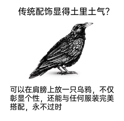 这是一张充满荒诞脑洞的搞笑图文梗图，以“传统配饰显得土里土气？”的提问开篇，中间搭配一幅写实风格的黑白乌鸦插画，随后给出离谱的“穿搭方案”——将乌鸦作为肩膀配饰，声称它既能彰显个性，还能完美适配任何服装且永不过时。整幅图通过夸张、不符合现实的创意，调侃常规的配饰穿搭思路，用反差感制造幽默效果，属于典型的网络搞笑创意内容。