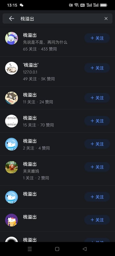 这是一张知乎APP深色模式下的搜索结果页面截图，页面顶部搜索框输入的关键词为「栈溢出」，下方展示了多个以「栈溢出」为账号名称的知乎用户条目，其中一个账号名称带有单引号。每个用户条目包含：用户头像（多为卡通形象，其中一个是《熊出没》中的熊大）、账号名称、简介/IP地址、关注数与赞同数，条目右侧均有蓝色的「+关注」按钮。
「栈溢出」是编程领域的专业术语，指程序运行时栈内存超出限制的错误，这里多个用户选用该术语作为账号名称，属于技术爱好者的ID选择，无特殊双关或谐音梗。
