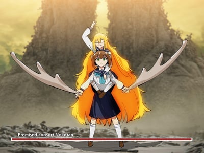 这是一张结合原创动画《鹿乃子乃子虎视眈眈》与魂类游戏《艾尔登法环》的二次创作玩梗图。图中动画主角鹿乃子乃子被金发同伴架在身上，金发角色的长发与姿势模仿《艾尔登法环》中BOSS“碎星拉塔恩”的造型，鹿乃子的鹿角则对应拉塔恩的双大剑，底部配上了游戏BOSS血条样式的文字“Promised consort Nokotan”，将游戏里的“Promised Consort Radahn（约定的王妃拉塔恩）”进行名字替换，玩了谐音梗，画风轻松搞笑，融合了两部ACG作品的元素。