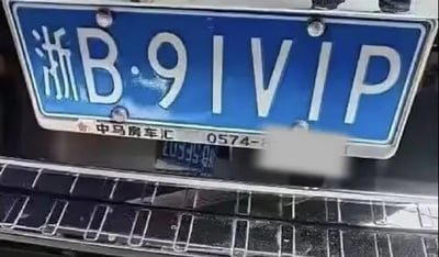 这是一张实拍的机动车车牌照片，蓝色车牌是中国大陆小型机动车车牌，开头“浙B”代表归属地为浙江省宁波市，车牌号码为91VIP，谐音“就要VIP”，十分有噱头，车牌下方的牌照边框上印有汽车经销商的广告文字“中马房车汇 0574-”，0574恰好是宁波的区号，整体是很有意思的特色车牌实拍。