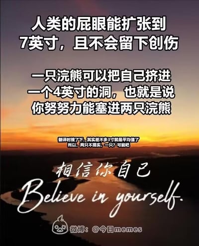 这是一张带有搞笑科普性质的图文混排图片，背景是美丽的日落风景，天空呈现出橙黄色渐变，下方有河流蜿蜒。图片上覆盖着大量黑色文字，内容是关于人类身体特征和浣熊的荒谬对比：声称人类的屁眼能扩张到7英寸且不留创伤，而浣熊能挤进4英寸的洞，因此"你努努力能塞进两只浣熊"。文字下方还有一段小字补充说明"翻译时搜了下，其实差不多3寸就是平均值了，所以，两只不现实，一只？可能吧"，最后以"相信你自己 Believe in yourself"作为结尾，形成一种荒诞的励志感。