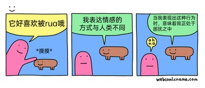 这是一幅三格连环卡通漫画，采用剧场式构图，讲述了一个关于跨物种情感认知误解的幽默小故事。第一格中，粉色卡通角色面带微笑，伸手抚摸棕色的小型卡通生物，配文“它好喜欢被rua哦”，表现出角色误以为对方享受被抚摸的亲昵状态；第二格中，原本被抚摸的棕色生物开口说话，告知粉色角色“我表达情感的方式与人类不同”，直接打破了粉色角色的固有认知；第三格中，棕色生物进一步说明“当我表现出这种行为时，意味着我正处于困扰之中”，此时粉色角色露出惊讶的表情，旁边还有“oh no”的感叹，生动表现出它得知真相后的懊悔与错愕。漫画风格简洁可爱，通过剧情的反差感制造幽默效果，揭示了人们容易以自身经验去判断其他生物行为的常见认知误区。