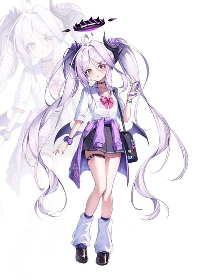 Anime-style illustration of a young girl with long purple twin tails, small black horns, and bat-like wings. She wears a white school shirt with a pink bow, a black skirt with purple accents, and holds a smartphone in her right hand. There is a more transparent version of the same character in the background.