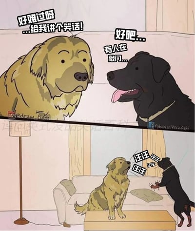 这是一幅上下分栏的连环卡通漫画，上半部分中，一只神情低落的金毛犬向吐着舌头的黑色狗狗请求：“好难过呀...给我讲个笑话！”，黑色狗狗回应道：“好吧...有人在敲门...”；下半部分的画面里，黑色狗狗扒在沙发靠背上模仿敲门的动作，两只狗狗随即一起“汪汪”叫起来。漫画利用狗狗听到敲门声就会吠叫的习性，创作了一个属于狗狗的冷笑话，通过拟人化的动物互动制造出轻松搞笑的反差效果。