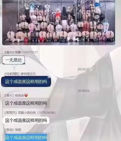 图片为上下拼接的图文混排内容，上半部分是3D渲染生成的大量仅露出臀部及下半身的角色，排列密集；下半部分是QQ群聊的截图，群成员「[潜水] 残響-120670157」发送成语“一无是处”，随后多名群成员接连发出“这个成语是这样用的吗”的疑问。图中运用了谐音梗，“一无是处”谐音“一无是臀”，对应上半部分满屏的臀部画面，用成语的谐音变体来调侃图中内容，制造出搞笑戏谑的效果。