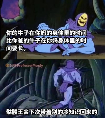 这是一张基于经典动画角色二次创作的连环搞笑梗图，分为上下两个部分：上半部分是《宇宙的巨人希曼》里的反派骷髅王躺着，脸上带着戏谑的坏笑，配文抛出一个看似离谱但逻辑通顺的无厘头冷知识：“你的牛子在你妈的身体里的时间比你爸的牛子在你妈身体里的时间要长”，该冷知识的逻辑是人类在母体内发育时，生殖细胞就已经形成并存在，所以从存在时长来说确实符合描述；下半部分是骷髅王转身离开的画面，配文模仿科普内容的收尾语气：“骷髅王会下次带着别的冷知识回来的”，用一本正经的科普收尾方式搭配无厘头的冷知识，形成强烈反差制造笑点。图中还带有翻译水印和微博发布者水印，是典型的网络整活类创作。