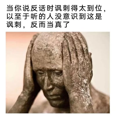 图片上方为黑色加粗文字，内容描述当反话讽刺过于到位，导致听者未能察觉讽刺意味反而当真的场景；下方是一尊石制雕像的特写，雕像双手抱头，头部低垂，表情呈现出痛苦或无奈的神态。整体通过文字与雕像的结合，生动展现了因沟通中反话被误读而产生的尴尬与崩溃情绪。