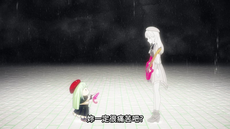 雨天中的对话：小绿发角色与白发吉他手