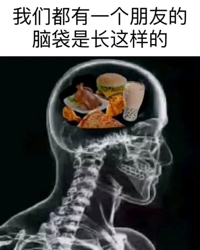 这是一张幽默搞笑的合成梗图，上方配有文字“我们都有一个朋友的脑袋是长这样的”，主体是人体头颅的X光侧视影像，原本大脑所在的位置被替换填充了各类常见的美食，包含烤鸡、珍珠奶茶、披萨、炸鸡块、汉堡等，通过夸张的图像表现，调侃身边那些满脑子都想着美食、对吃极度热衷的朋友，内容接地气，容易引发有类似朋友的网友的共鸣，风格轻松诙谐。