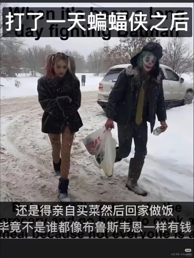 这是一张结合DC超级英雄IP的搞笑玩梗静态图，属于图文混排形式。画面背景是下雪天的户外积雪道路，有两位分别cos成DC角色哈莉·奎茵和小丑的人，都穿着厚实的外套，神态疲惫。扮演小丑的人手里拎着购物塑料袋，两人一同在积雪上行走。图片上方配文“打了一天蝙蝠侠之后”，下方配文“还是得亲自买菜然后回家做饭 毕竟不是谁都像布鲁斯韦恩一样有钱”，用超级英雄反派的设定和普通人买菜做饭的生活琐事形成反差，调侃反派也逃不过日常烟火气，同时玩了蝙蝠侠布鲁斯·韦恩是顶级富豪的经典设定梗。