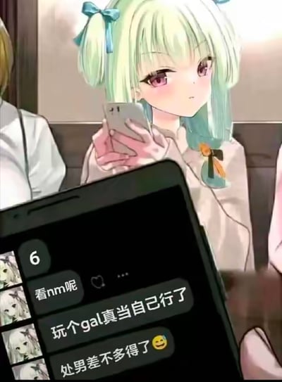 图片中是一位浅绿色双马尾动漫女生，她正手持手机，表情平静略带困惑。画面前景有另一部手机屏幕的特写，显示来自联系人“6”的聊天记录，内容包含“看nm呢❤️...”“玩个gal真当自己行了”“处男差不多得了😅”等嘲讽性文字。整体风格为二次元动漫与聊天记录截图的结合，通过女生的淡定表情与手机上的攻击性言论形成反差，营造出搞笑嘲讽的效果。
