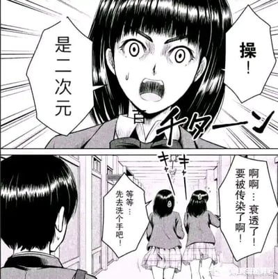 这是一幅由上下两格组成的黑白连环漫画，场景设定在校园走廊中。第一格是一位女高中生的面部特写，她瞪大双眼、嘴巴大张，额头冒出冷汗，露出极度震惊和嫌弃的夸张表情，同时喊出“操！”与“是二次元”的话语，将“二次元”标签视为令人厌恶的存在；第二格画面里，这位女高中生和另一名同伴一起慌忙地向走廊深处跑去，其中一个女生叫嚷着“啊啊…哀透了！要被传染了啊！”，另一个女生则提议“等等…先去洗个手吧！”，仿佛接触到二次元爱好者就会沾上“脏东西”，而一名男生站在原地，默默看着她们跑走的背影。这幅漫画以戏谑夸张的手法，讽刺了现实中部分人群对二次元爱好者的无端偏见与排斥，将对亚文化的不理解放大成荒诞的“避之不及”的行为，达到吐槽和搞笑的效果。