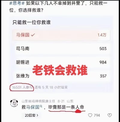 一张带有投票内容的截图，标题为“如果以下几人不幸掉到井里了，只能救一位，你选择救谁？”，下方是投票选项及票数，其中“马保国”以1.4万票领先，其他选项为“司马南”（503票）、“胡锡进”（984票）、“张维为”（357票）。截图底部有用户“山东省精神病院唐主任”的评论“救马保国，毕竟那是一条人命”，并显示有16501人参与投票，投票还有5天18小时结束。