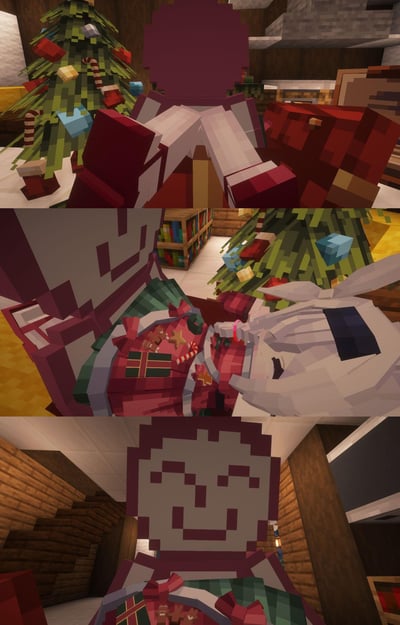 这是一组由三张图组成的连环像素风格3D渲染图，以《我的世界》（Minecraft）的方块像素风格呈现圣诞主题，利用视角错位制造趣味效果：
1. 第一张图从低角度仰拍，看起来像是一个圣诞装扮的角色坐在红色椅子上，背景还有装饰好的圣诞树和礼物；
2. 第二张图切换视角，露出角色的白色兔耳，才发现之前的「椅子」其实是角色身上的圣诞主题上衣的一部分；
3. 第三张图展示正面视角，呈现出这个带有兔耳的姜饼人样式圣诞角色，完整揭晓视角错位的趣味设计，整体充满温馨的圣诞节日氛围。