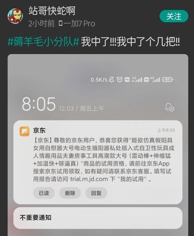 这是一张竖屏的社交媒体截图，用户“站哥快蛇啊”使用一加7Pro设备在2小时前发布动态，带话题#薅羊毛小分队#，配文“我中了!!!我中了个几把!!”，下方展示了京东在上午8:03发送的试用资格通知。通知内容显示用户获得了一款名为“姬欲仿真假阳具女用自慰器大号电动生殖阳器私处插入式自卫性玩具成人情趣用品夫妻房事工具高潮款大号（震动棒+伸缩猛+加温快+够逼真）”的成人情趣用品试用资格，引导用户前往京东App领取，并说明了填写试用报告的地址。用户的配文“我中了个几把”既是口语化的激动表达，又和通知里的商品内容形成双关梗，充满趣味性。