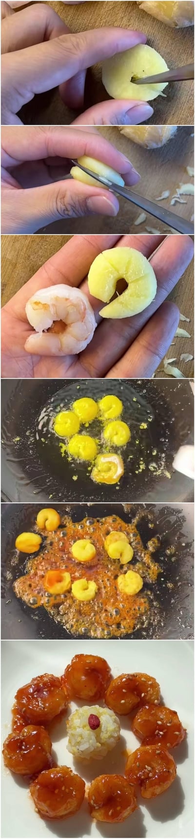 这是一组竖版连环实拍图，展示了趣味创意料理的制作全过程：
1. 将土豆片挖洞后切割成虾仁的形态
2. 把处理好的土豆「虾仁」下锅煎制，加入调味酱料翻炒入味
3. 最后将做好的「虾仁」摆盘，搭配饭团完成模仿虾仁的创意料理，是美食爱好者自制的趣味料理教程，没有双关或谐音梗，主打形态模仿的创意美食玩法。