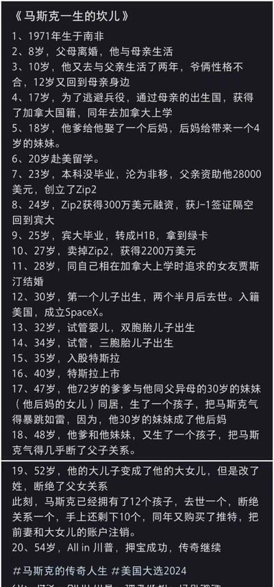 这张图以20条时间线条目形式，详细梳理了埃隆·马斯克从1971年出生到54岁的人生全历程，涵盖多维度关键事件：成长阶段里幼年父母离异、辗转在父母间生活、为逃避兵役获取加拿大国籍并留学；创业轨迹中从辍学创立Zip2起步，到创办SpaceX、入股特斯拉并推动其上市，再到收购推特；家庭层面的诸多争议性事件包括父亲与同父异母妹妹同居生子、大儿子变性改姓并断绝关系、拥有12个孩子却有1个离世、1个断绝关系，仅余10个在身边，还提到他收购推特后注销前妻和大女儿账户，最后以54岁押注川普、传奇继续收尾。整体内容充满戏剧性，全方位展现了马斯克极具争议却又堪称传奇的人生，末尾附带相关话题标签。