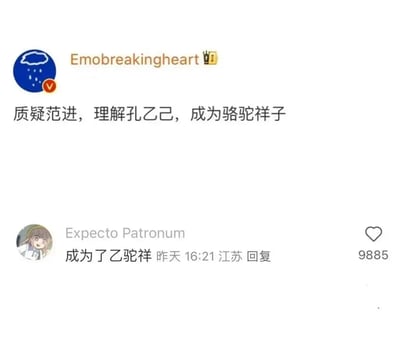 这是一张社交平台上的文字梗图，内容以“质疑范进，理解孔乙己，成为驴蛇祥子”作为主梗，下方有网友评论“成为了乙蛇祥”，通过将中国文学中的经典人物名字进行杂糅，制造谐音、结构上的幽默效果。这里用“范进”、“孔乙己”、“驴祥子”三位中国名著人物组成了新词“驴蛇祥子”，而评论区又玩梗进一步升级成“乙蛇祥”，涉及明显的谐音梗和角色混合，形成强烈的互联网幽默氛围。
