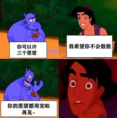 这是一张四格连环梗图，改编自迪士尼动画《阿拉丁》的经典场景。第一格中蓝色灯神托着下巴沉思，说“你可以许三个愿望”；第二格阿拉丁微笑着回应“我希望你不会数数”；第三格灯神突然大笑，摊手说道“你的愿望都用完啦再见~”；第四格特写阿拉丁震惊的脸部表情。
图片通过反转幽默制造笑点：阿拉丁试图用“让灯神不会数数”的愿望来获得无限愿望，结果灯神反而以此为借口直接结束了许愿，形成意料之外的结局。