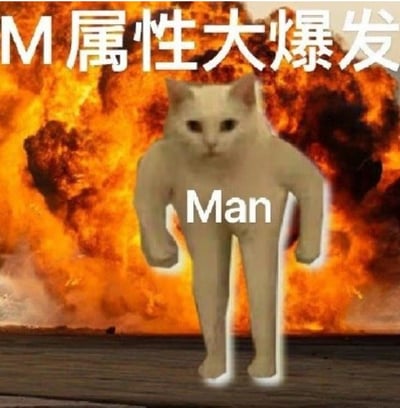 图片中一只白色猫咪被P上了类似人类的肌肉身躯，表情严肃地站立在熊熊燃烧的爆炸背景前。上方有醒目文字“M属性大爆发”，猫咪胸口位置叠加了“Man”字样。整体通过夸张的视觉对比（萌宠与肌肉、爆炸的冲突感）营造出幽默效果，“M属性”在此处可能指某种特质的夸张展现，结合“Man”形成文字梗。