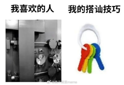 这是一张左右结构的对比类搞笑梗图，左侧上方标注文字“我喜欢的人”，配图为结构复杂、带有多道锁具的工业级保险柜，用来比喻心仪对象难以接近、很难打开心扉；右侧上方标注文字“我的搭讪技巧”，配图为一串造型简单幼稚的塑料玩具钥匙，用来比喻自己的搭讪技巧非常笨拙，完全无法打动喜欢的人，用夸张的比喻手法生动自嘲了单身人士面对心仪对象时手足无措、无法顺利拉近距离的窘境，很容易引发网友共鸣。