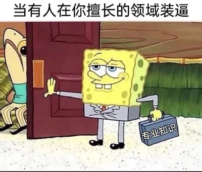 图片为《海绵宝宝》动画改编的表情包，上方配有文字'当有人在你擅长的领域装逼'。海绵宝宝身着西装，右手提着标有'专业知识'的蓝色公文包，左手自然挥动，脸上带着得意的微笑；派大星则从红色门后探出头，好奇地望向海绵宝宝。整体场景幽默地表现了在自己擅长领域遇到不懂装懂的人时，准备用专业知识应对的状态。