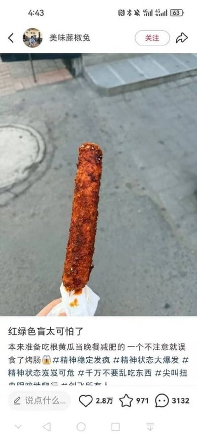 社交媒体截图中，用户“美味藤椒兔”发布了一张手持烤肠的照片，配文吐槽自己因红绿色盲误把烤肠当作黄瓜当晚餐减肥的经历。图片中烤肠呈红褐色，表面撒满调料，被白色纸巾包裹着拿在手中，背景是灰色的地面和井盖。文字内容充满自嘲，提到“红绿色盲太可怕了”“误食了烤肠💩”，并附带#精神稳定发疯#精神状态大爆发#等多个表达当下年轻人精神状态的热门标签，整体风格幽默搞笑，展现了生活中的小乌龙。