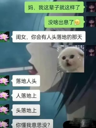 这是一张微信聊天记录截图，背景搭配了一张动漫人物抽烟的图像。对话中女儿向妈妈倾诉自己觉得这辈子没出息，心情沮丧；妈妈本意是想鼓励女儿“出人头地”，却口误说成“人头落地”，之后还反复拆分“落地人头”“人落地上”“头落地上”来强行解释，试图让女儿理解自己的意思，对话中间还插入了一张震惊表情的猫咪图，精准烘托出女儿听到妈妈离谱表述后的心情，整个对话因妈妈的口误和强行解释充满了反差搞笑的效果，是一则趣味家庭聊天段子。
