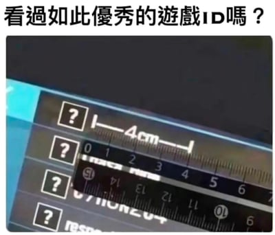 这张梗图展示了一个游戏界面截图，上面有多个问号图标，并有一把尺子测量显示"4cm"的长度。图片上方配有文字"看過如此優秀的遊戲ID嗎？"（"见过如此优秀的游戏ID吗？"），通过"4cm"的测量值制造了关于游戏ID的双关笑话，暗示了一个具有暗示性的玩家名称。