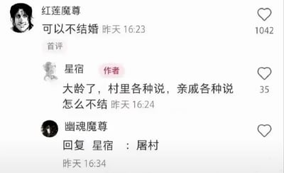 整张图是社交媒体平台的评论区互动截图，用户“红莲魔尊”首先发表评论“可以不结婚”，获得1042点赞；内容发布者“星宿”（标注作者身份）回应称自己到了大龄未婚的年纪，同村的人和亲戚都不停议论询问自己为什么不结婚；随后用户“幽魂魔尊”给出了极其夸张离谱的回复“屠村”，用激进荒谬的回答消解被催婚的烦躁情绪，制造出强烈的喜剧效果，精准戳中了很多被催婚年轻人的共鸣点。