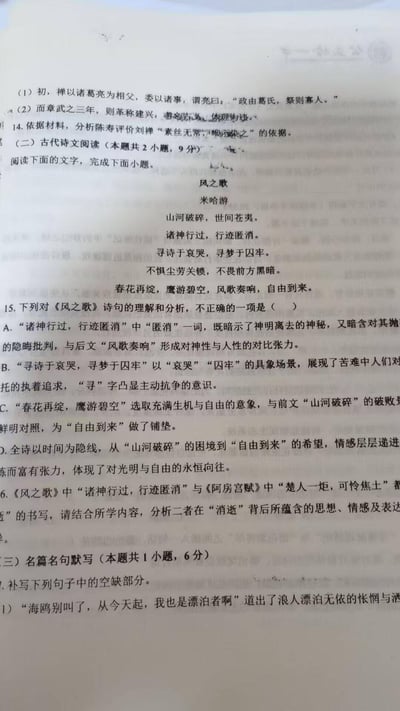 这是一张竖版的语文试卷扫描页面，内容涵盖三个板块：一是文言文阅读习题，围绕刘禅与诸葛亮的史料设置分析题；二是古代诗文阅读，选用米哈游创作的诗歌《风之歌》，设置了诗句理解选择题、与《阿房宫赋》的对比分析题；三是名篇名句默写的开篇部分，要求补写句子。页面为简体中文的试卷排版，属于高中语文类的练习内容，诗歌《风之歌》带有励志向的情感表达。