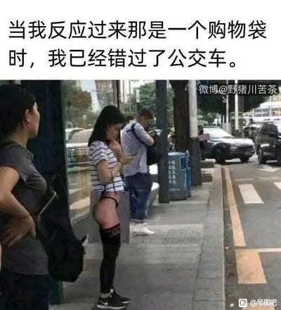 这是一张原始拍摄的静态单图，呈现出有趣的视觉错位效果。画面中一位穿着条纹上衣的女士站在公交站台旁低头看手机，她的下半身因为携带的购物袋遮挡，形成了类似未穿裤子的视觉错觉，旁边还有两位同样在等车的路人。图上方配文“当我反应过来那是一个购物袋时，我已经错过了公交车”，描述了因被这个意外的视觉错位吸引注意力，没留意公交车到来，最终错过乘车的趣事，利用自然的视觉巧合制造出荒诞搞笑的氛围，让人忍俊不禁。