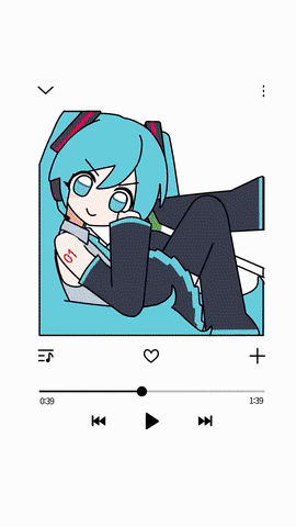 这是一张将虚拟歌手初音未来的卡通形象与手机音乐播放界面合成的趣味图片。初音未来以慵懒俏皮的姿态半躺在播放器的显示区域，手肘支撑身体，一手托着脸颊，标志性的蓝发和服饰清晰可见，手臂上还有专属的'01'标识。界面下方是标准的音乐播放控制栏，包含进度条（当前进度0:39，总时长1:39）、上一曲、播放/暂停、下一曲按钮，显示区域左下角标注有日文'ミク'。整体将二次元角色与日常应用界面结合，营造出角色仿佛置身播放器内的新奇可爱效果。