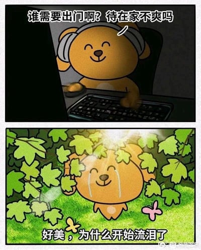这是一幅上下分栏的连环卡通图，上半部分画面中，一只卡通小熊戴着耳机，坐在昏暗的房间里操作电脑，脸上露出惬意满足的表情，配文“谁需要出门啊？待在家不爽吗”，表现出典型宅家人群的日常状态与心态；下半部分画面中，这只小熊躲在户外的绿植枝叶间，阳光透过树叶洒在它身上，它双眼紧闭，感动得流下眼泪，配文“好美，为什么开始流泪了”，展现出长期宅家的人突然接触到自然美景时，被深深治愈的心境变化。整幅图通过前后的场景与心态反差，凸显出自然的治愈力量，也精准刻画了宅家人群的真实心境。