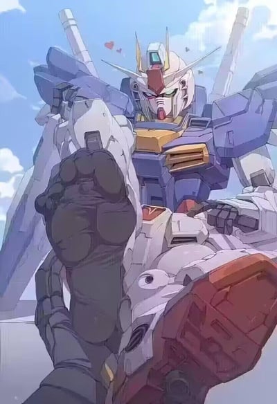 这是一张对《机动战士高达》元祖高达RX-78进行二次创作的恶搞插画，原本作为硬核战斗机甲的元祖高达，被赋予了拟人化的搞怪形象：吐着舌头、眼神戏谑，还配上了爱心小图案，同时抬起一只脚对着镜头展示脚掌，身体放松靠坐，彻底打破了原作中严肃硬朗的机甲设定，用强烈的反差感营造出搞笑卖萌的效果。