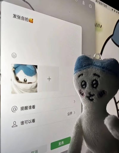 这是一张创意摆拍的趣味图片：画面左侧是微信朋友圈的发布界面，配文写着“发张自拍🥵”，还上传了一张蓝帽毛绒玩具的照片；画面右侧就是这个毛绒玩具本体，它的表情被绣成尴尬慌张的样子，仿佛刚发现自己的“自拍”即将被发布，形成了实物与屏幕内容联动的搞笑反差，营造出“社死”的趣味氛围。