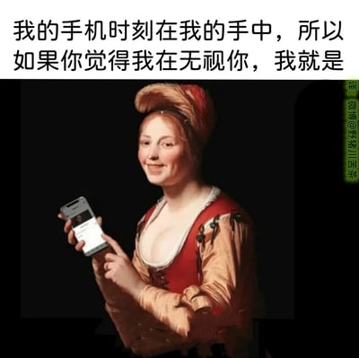 这是一张经过二次创作的网络梗图，创作者对一幅西方古典肖像油画进行P图修改，让原本身着复古欧式服饰的人物手持一部现代智能手机，人物面带轻松戏谑的微笑，双手握持手机，手指点触屏幕，仿佛正在操作手机。图片顶部配有醒目的中文文字：“我的手机时刻在我的手中，所以如果你觉得我在无视你，我就是”，直白地戳破当代社交场景中，人们故意通过玩手机的行为来无视他人的心态，用古典艺术形象与现代生活元素的强烈反差制造出幽默戏谑的效果，能引发受众对这类社交小细节的共鸣。图片右侧还带有水印，标注了内容的翻译来源为微博@野猪川苦茶。